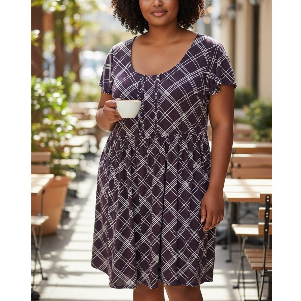Torrid Purple Grid Plaid Babydoll‎ Dress Short Sleeve Plus Size 2 Empire Waist